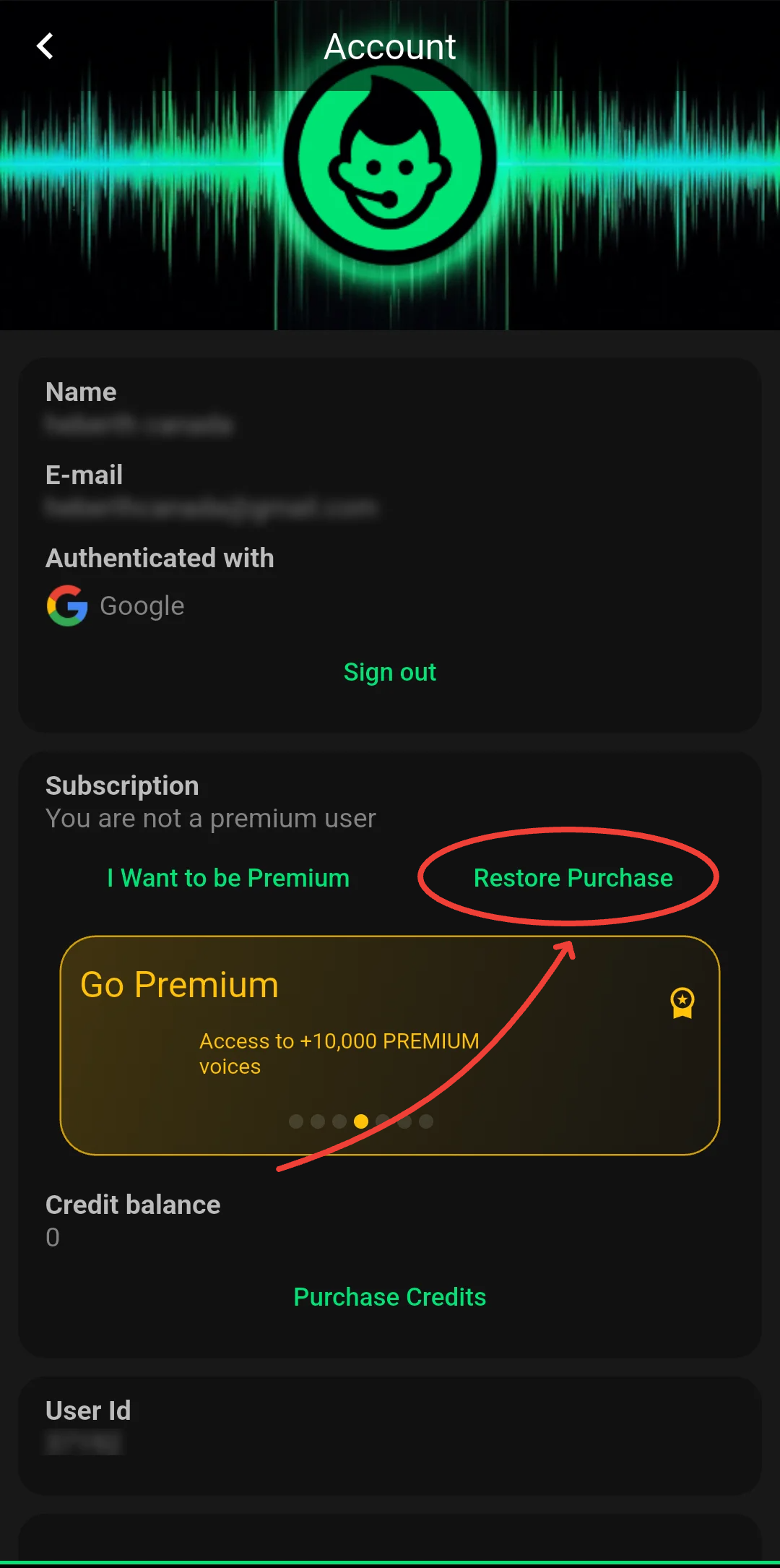 Narrator's Voice Account screen with Restore Purchase circled.