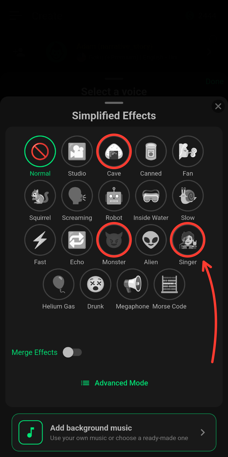 Simplified Effects screen with the Cave, Monster and Singer effects highlighted by red circles and an arrow.