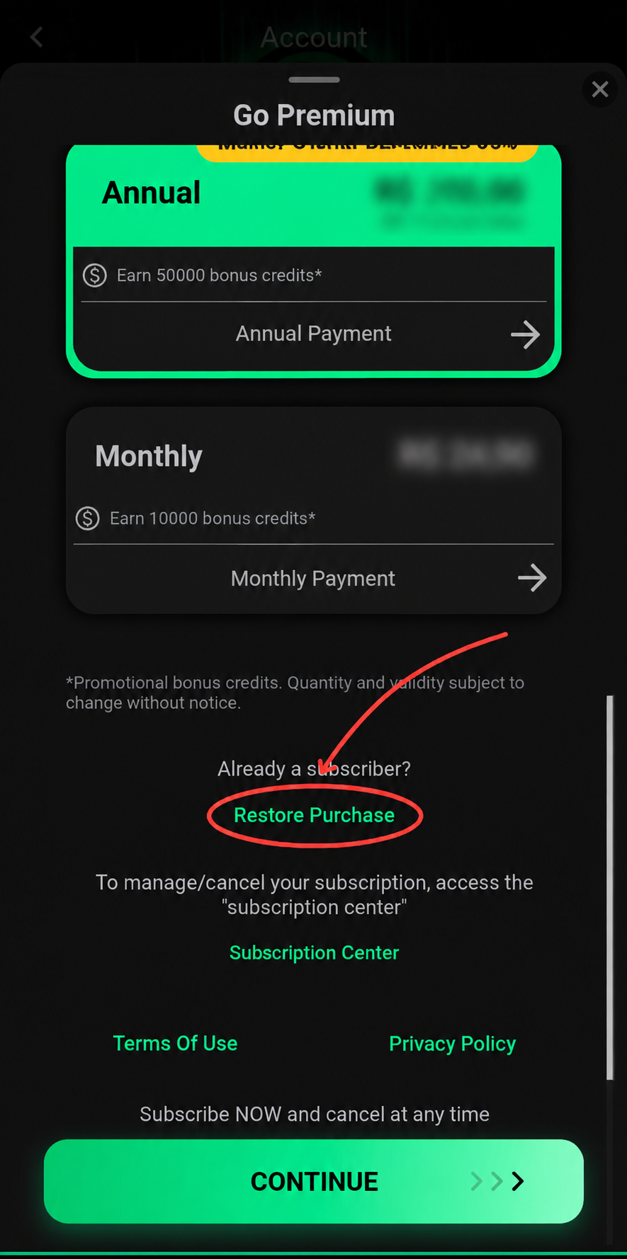 Premium subscription screen with Restore Purchase circled.