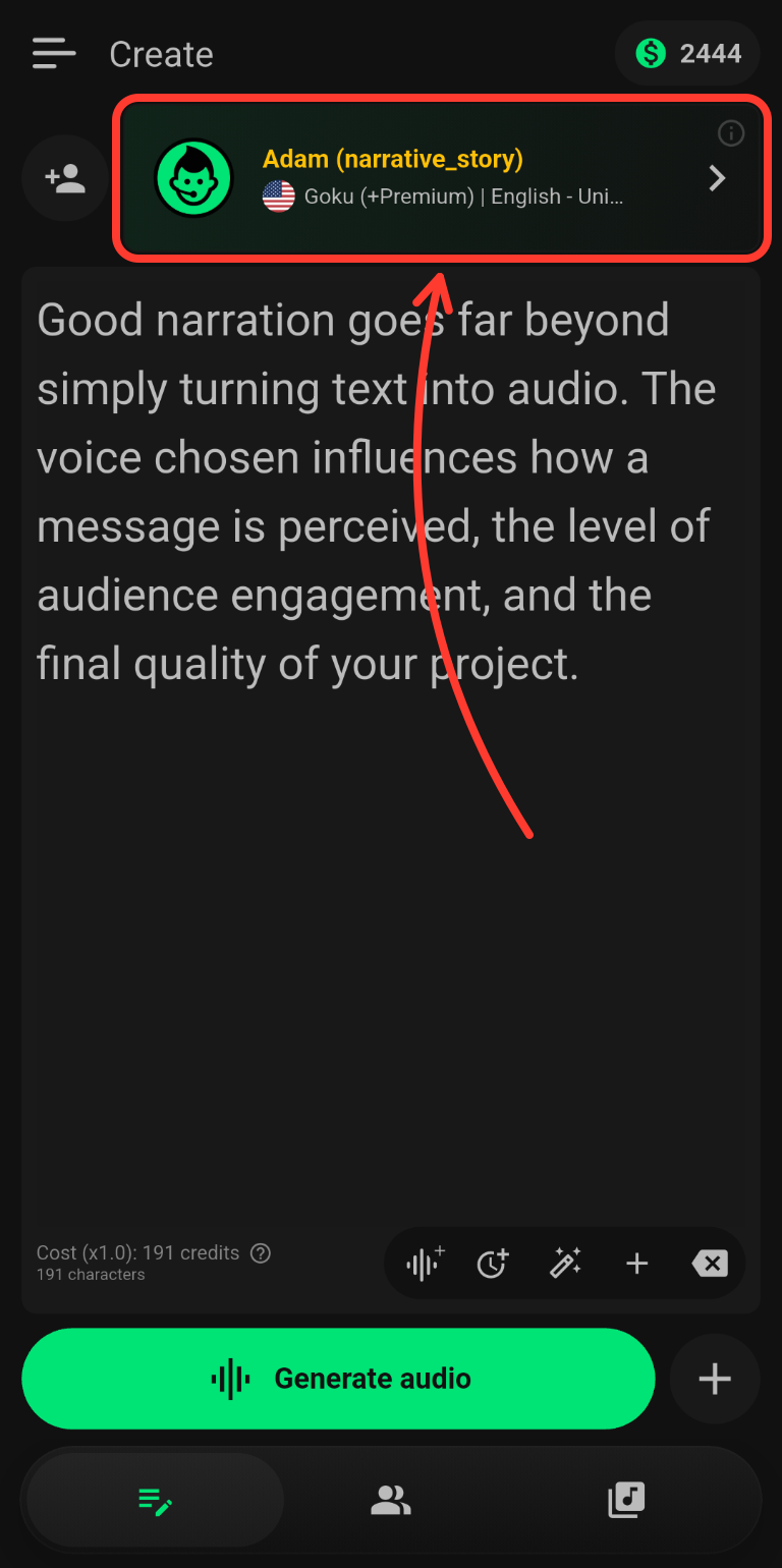 Narrator's Voice Create screen with the voice selector at the top outlined in red and pointed to by a red arrow.