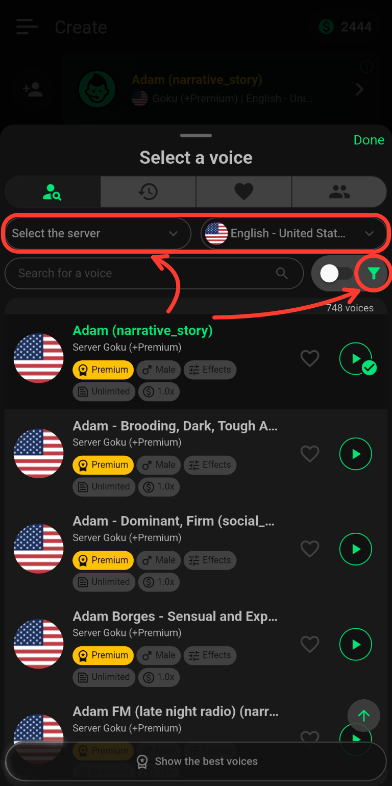 Select a voice screen with the server and language bar outlined in red and a red arrow pointing to the filter icon.