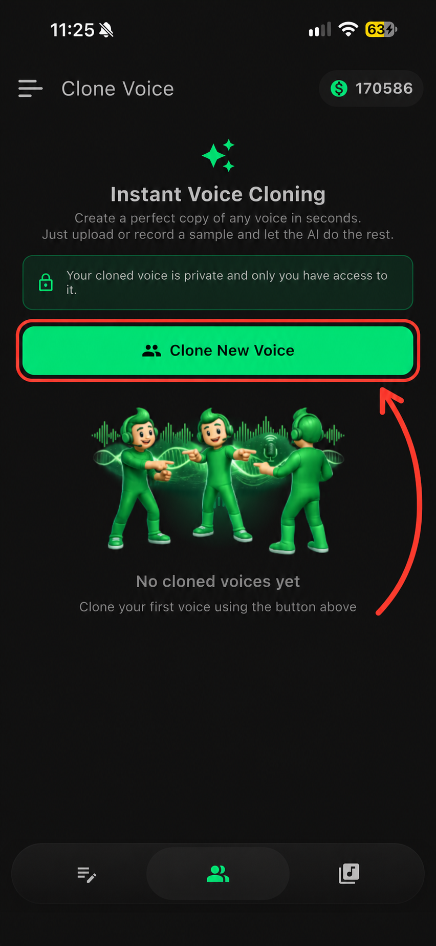 Clone Voice screen, with the Clone New Voice button outlined in red and a red arrow pointing to it.