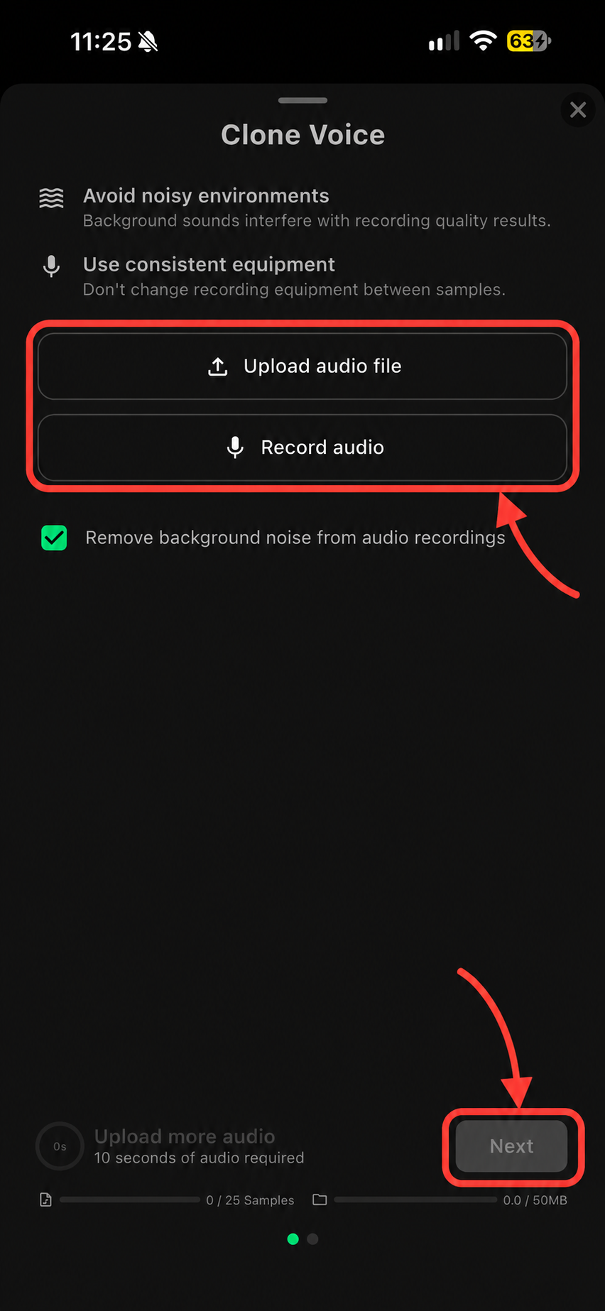 Sample upload screen, with the Upload audio file and Record audio options highlighted and a second arrow pointing to Next.