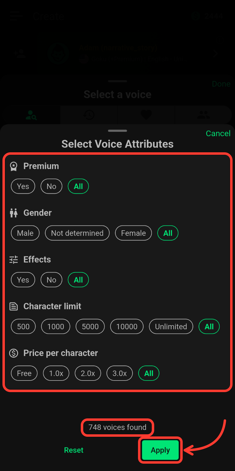 Select Voice Attributes screen with the five filters outlined in red, the voices found counter circled and a red arrow pointing to the Apply button.