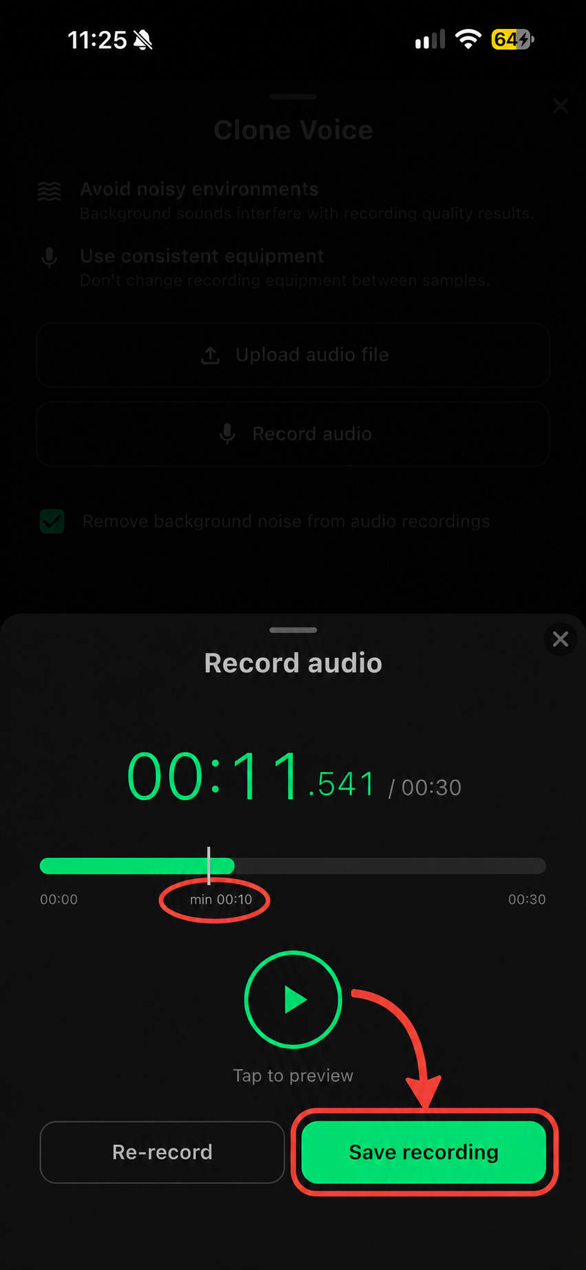 Record audio screen, with the 10-second minimum circled and a red arrow pointing to the Save recording button.