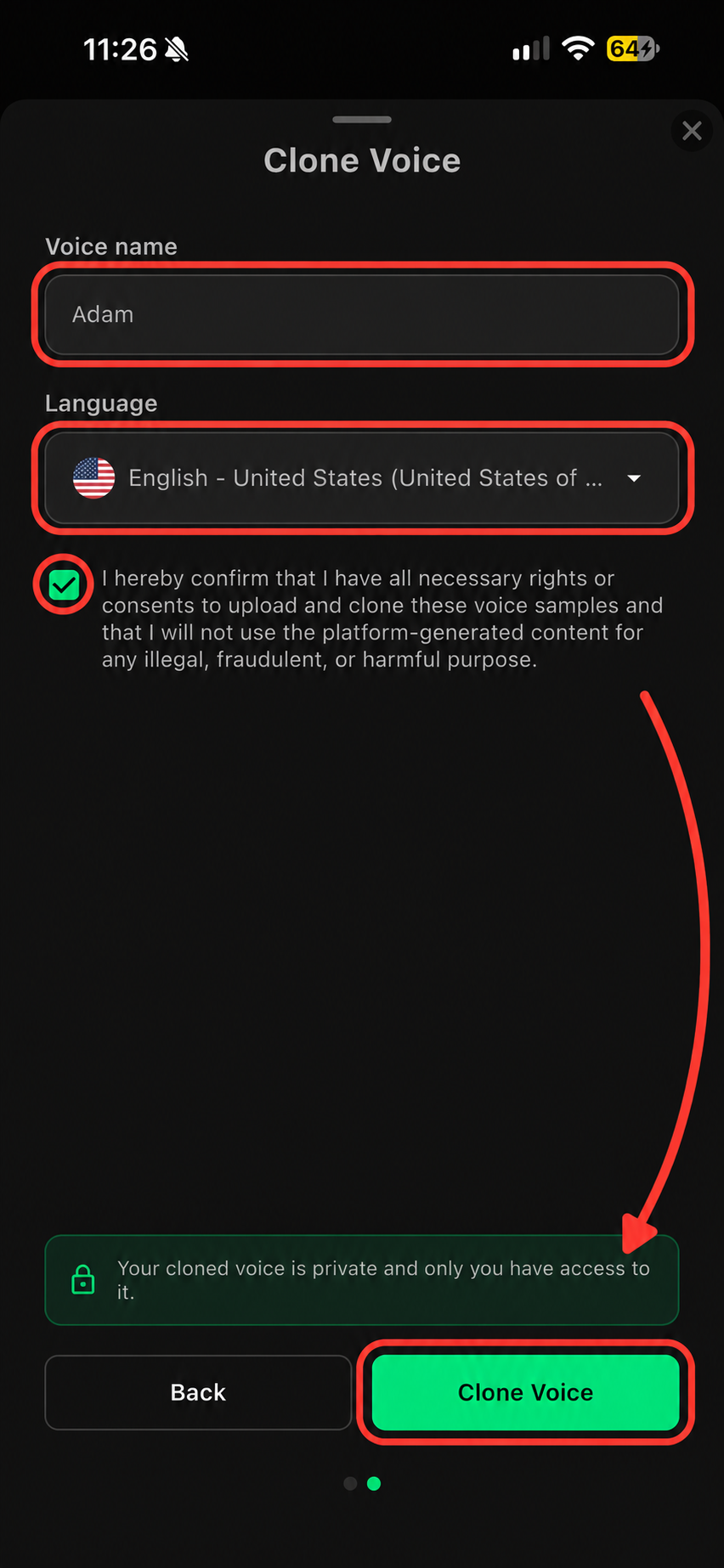 Final cloning step, with the Voice name and Language fields, the consent checkbox and the Clone Voice button highlighted in red.