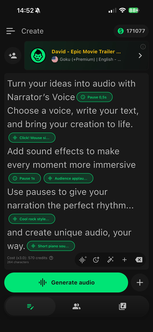Create screen: type your text and generate the audio
