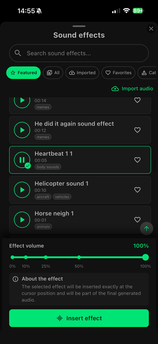 Sound effects library with search and volume control